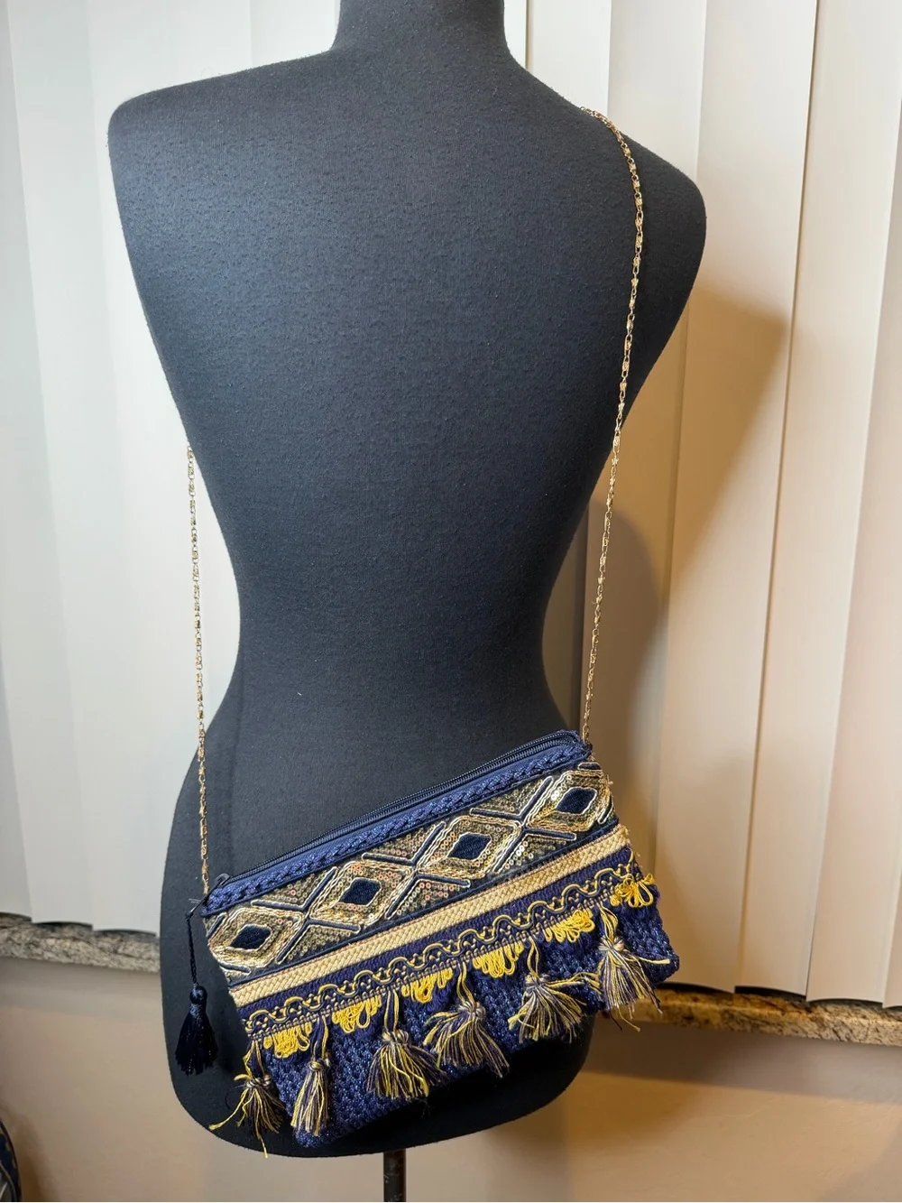 Embroidered Navy Blue Tassel Clutch with Gold Accents Gold Chain